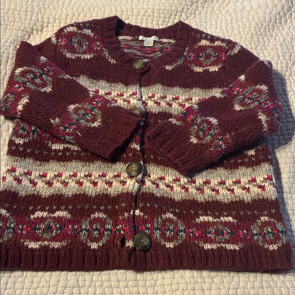 Garnet Hill Maroon and Cream Patterned Cardigan